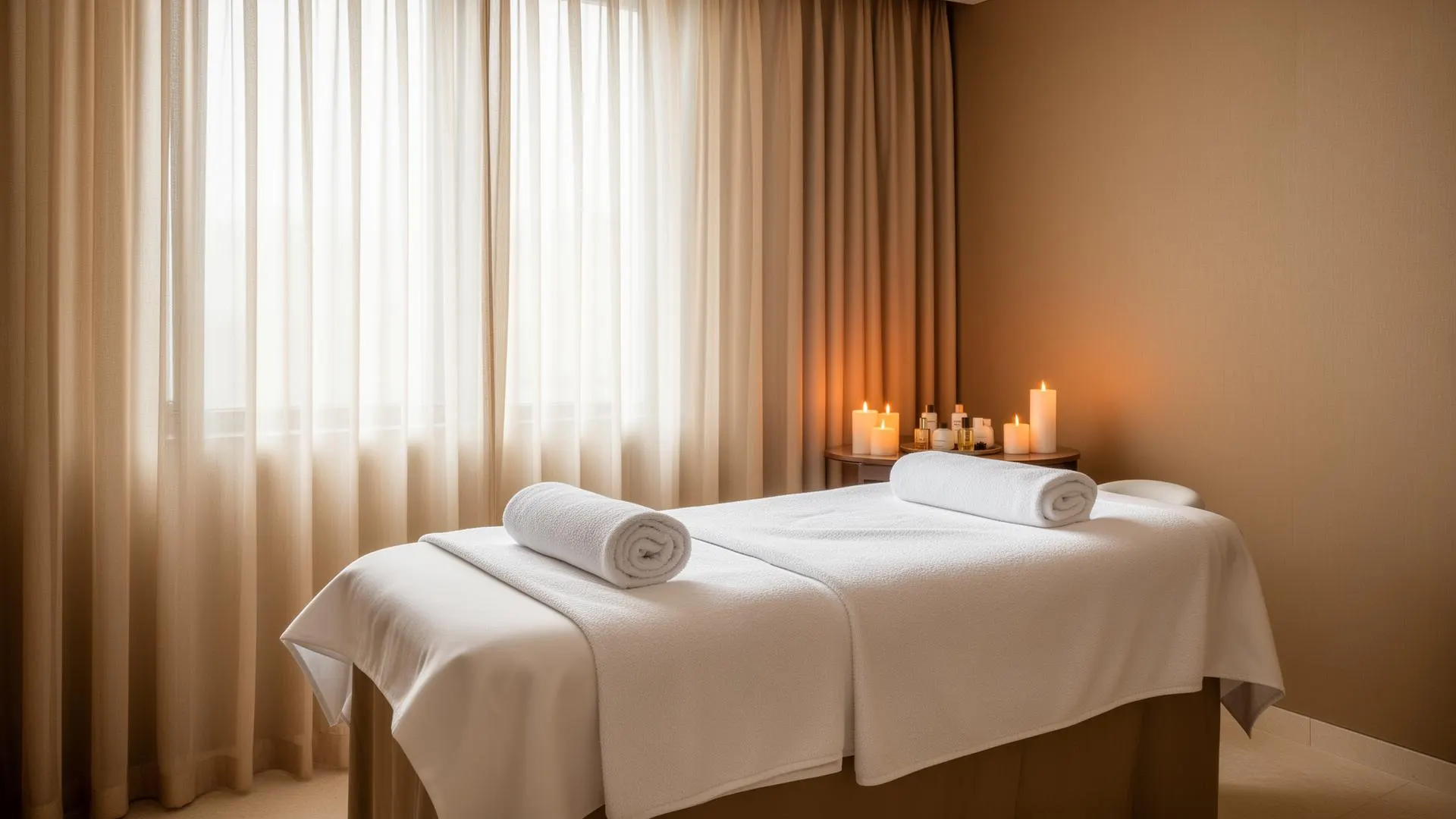 Sala de massagem da Al'Mare com maca arrumada, toalhas brancas e velas