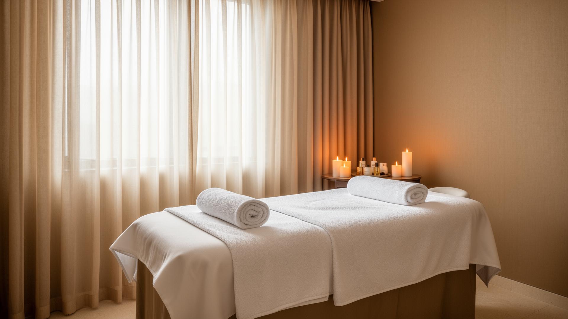 Sala de massagem da Al'Mare com maca arrumada, toalhas brancas e velas