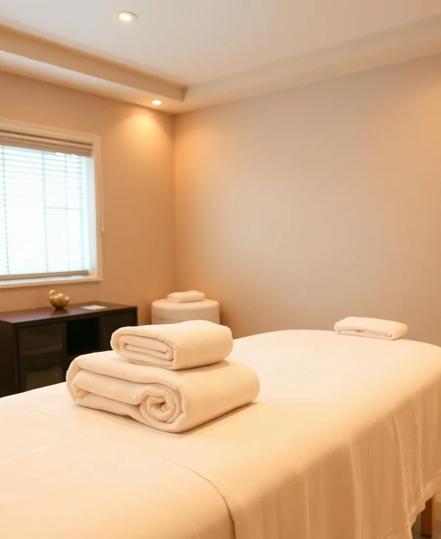 Detalhe de toalhas e óleos de massagem no studio