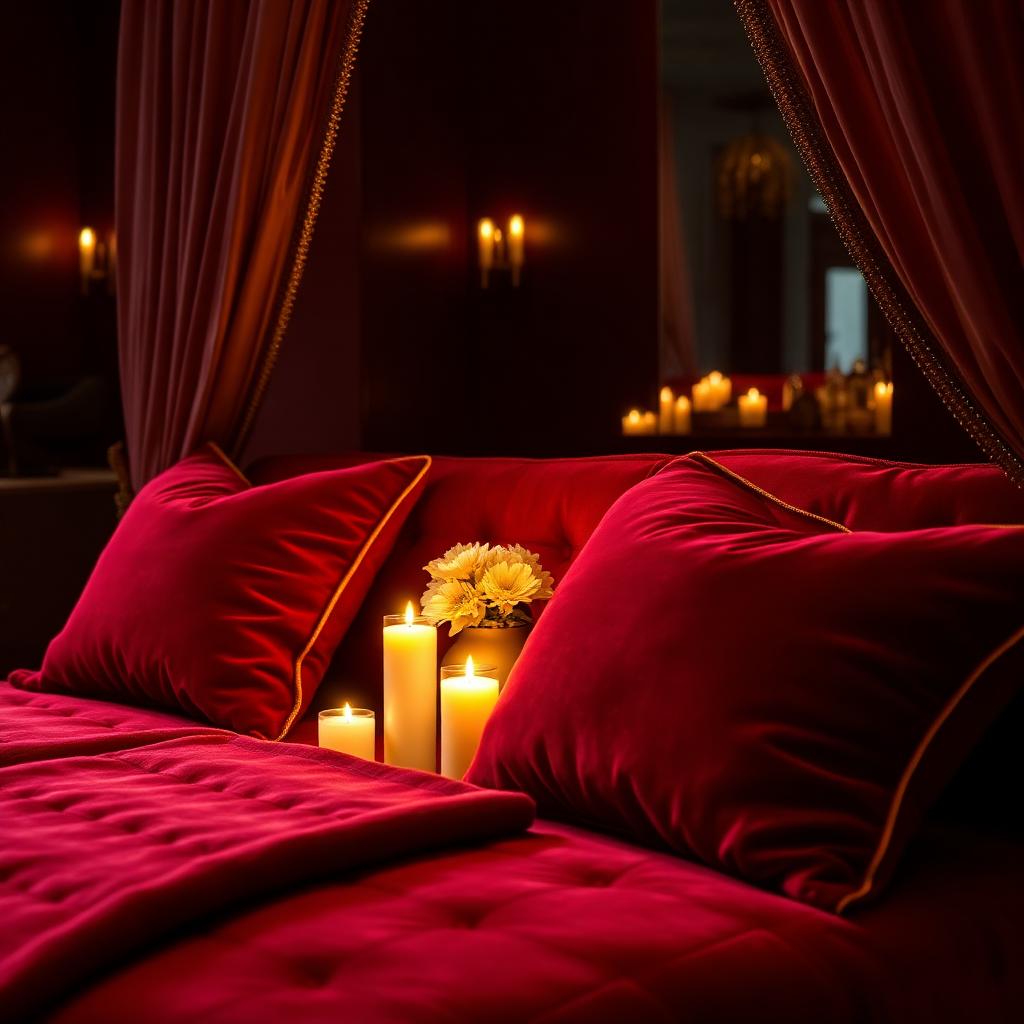 Almofadas em veludo bordô com velas